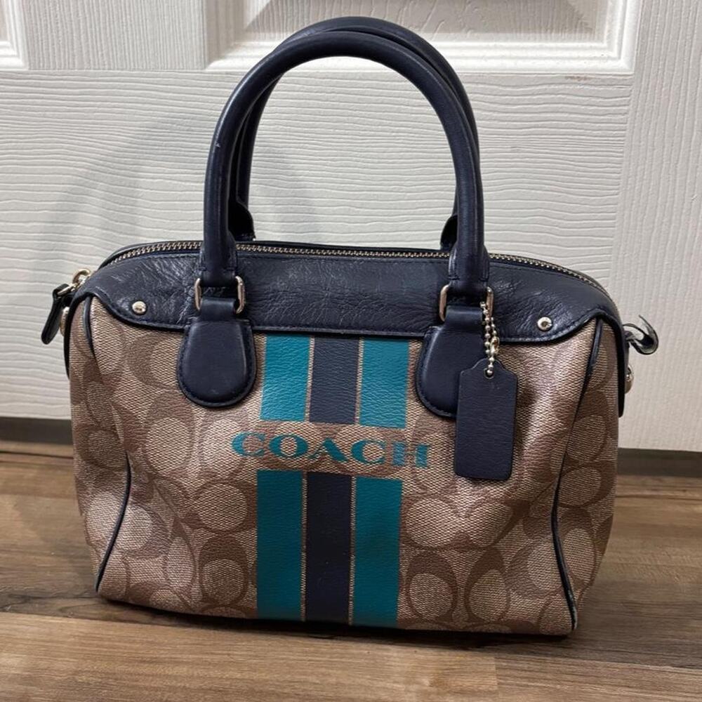 Coach Varsity Stripe Mini Bennett Purse! Brown & Blue Jacquard Leather Bag